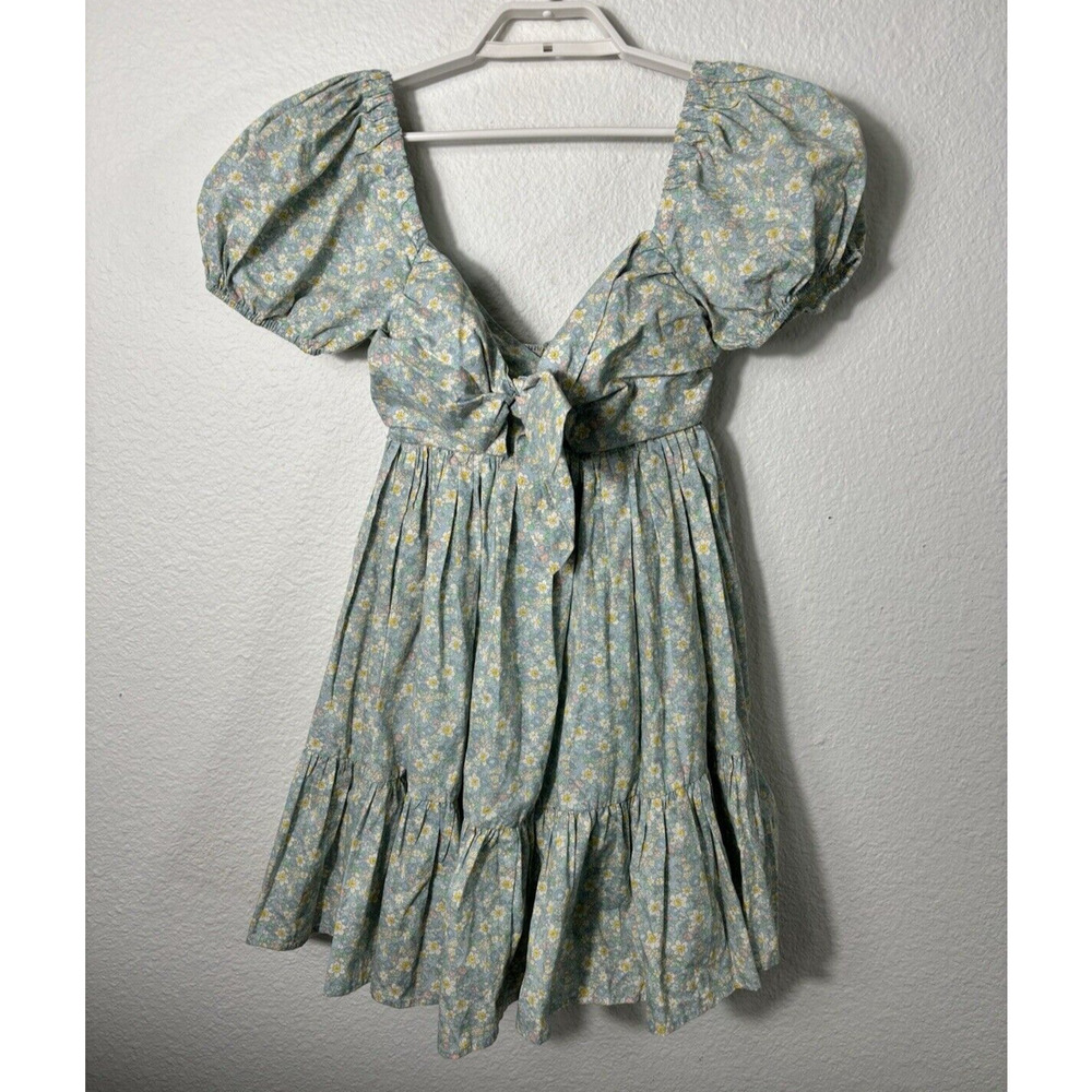 Mable Dress Womens Medium‎ Floral Short Puff Sleeve Babydoll Mini Blue Cotton